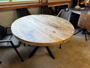 Eettafel mangohout rond dik blad metalen spider onderstel - diverse afmetingen